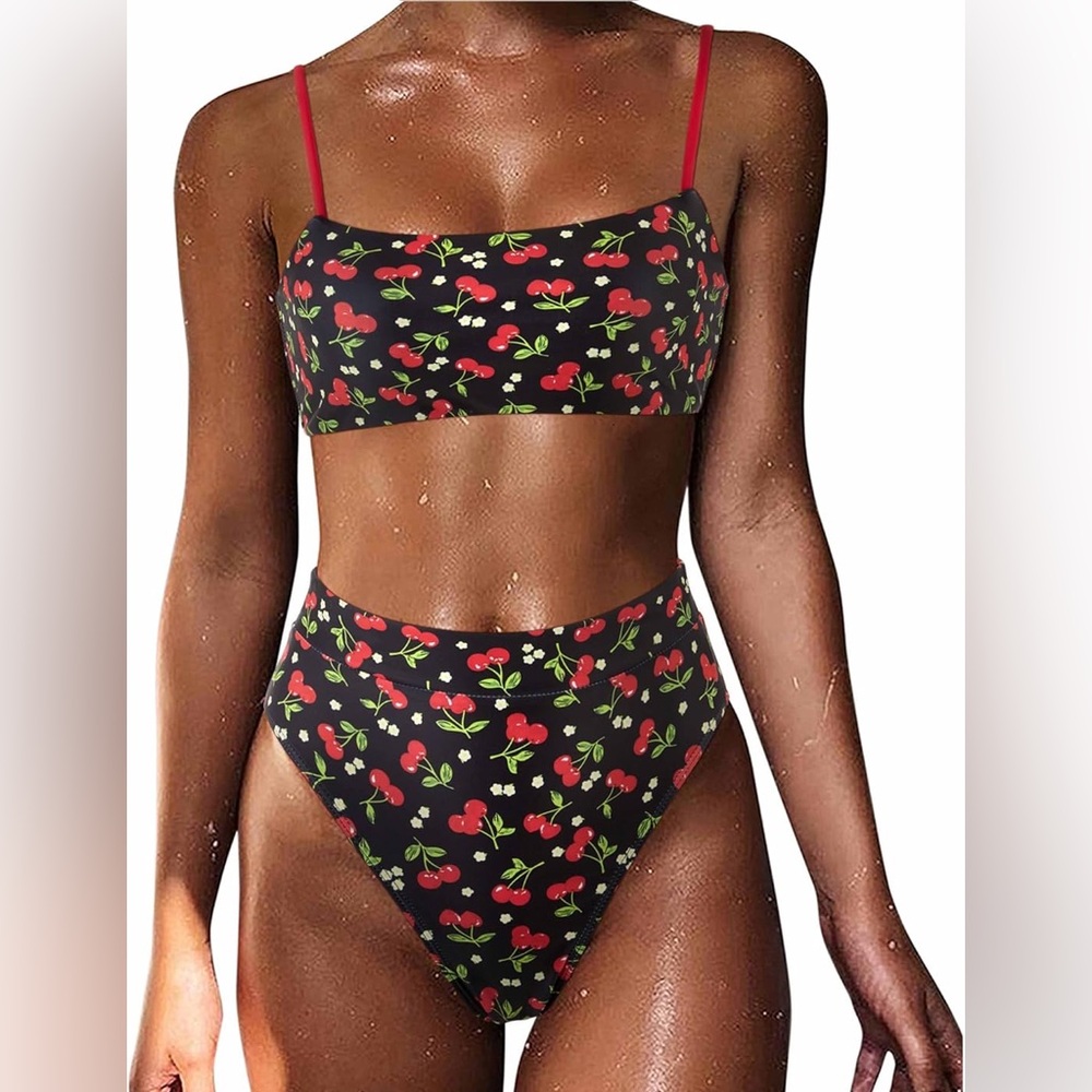 MOSHENGQI Womens High Wasited High Cut bikini retro cherries Swimsuit NWT